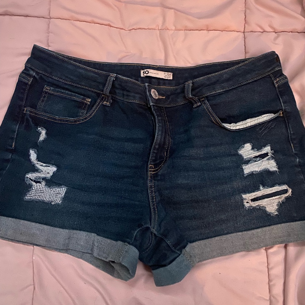 SO Dark Blue Distressed Jean Shorts